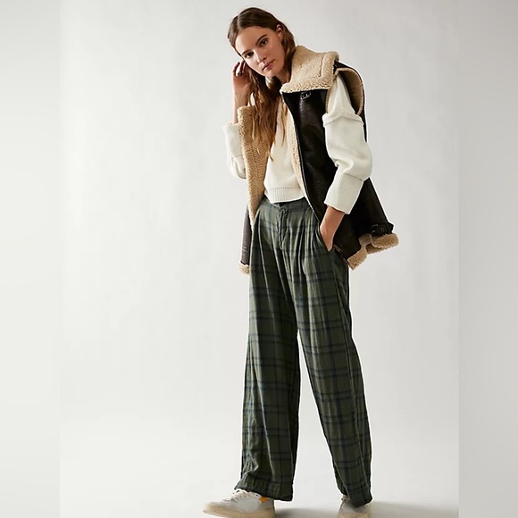 Free People Green Plaid Trousers NWT Sz S MSRP 220 - Picture 2 of 6